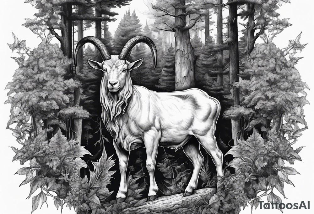 Devil with goat horns (full body) in a forest tattoo idea