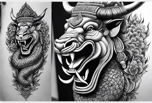 Sleeve tattoo 
Black and white, grey Thai yak/giant with thai naga. tattoo idea