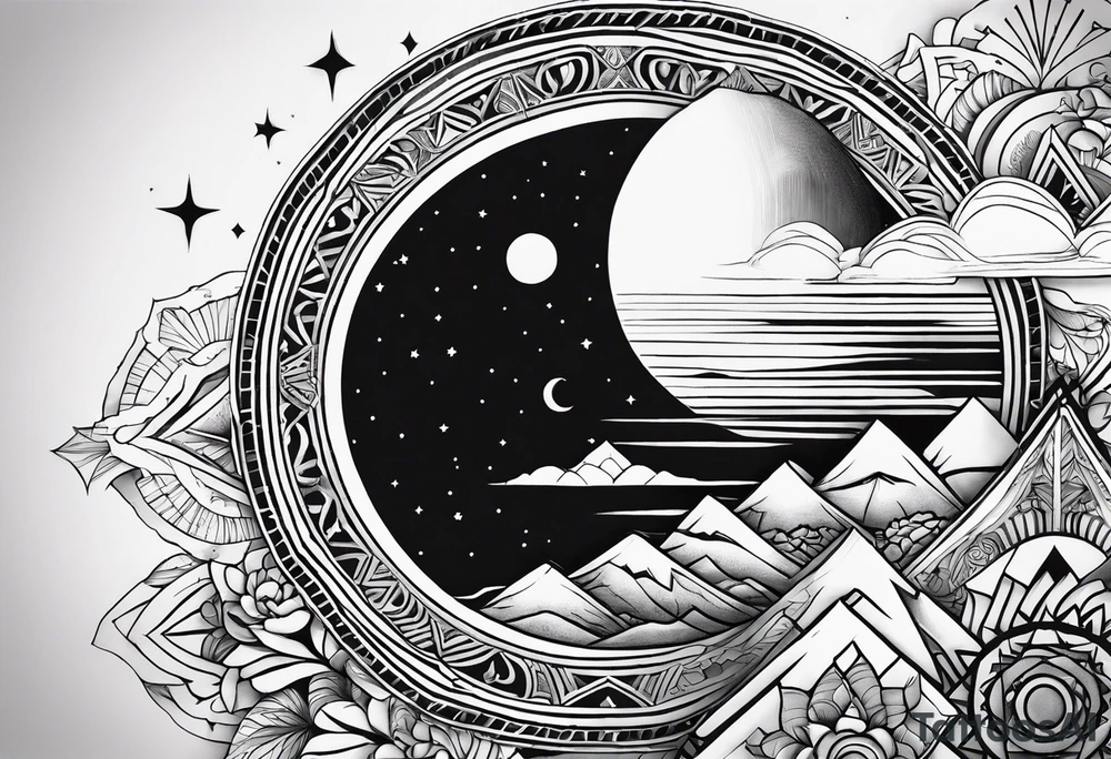 Rectangular arm tattoo around whole upper arm. Mandala inspired Design. Mountains, sea, Sky and moon are depicted. But everything seems to be upside down tattoo idea