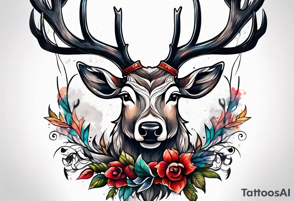 back tattoo of a front view reindeer with half the face as a skull tattoo idea