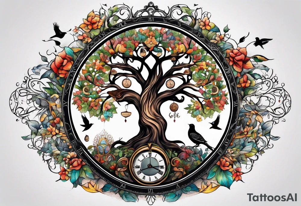 Masculine tree of life with birds, clock and birthdates tattoo idea
