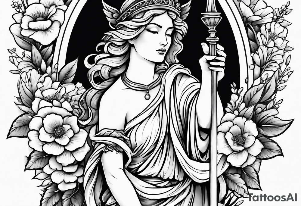 Sleeve with lady justice and flowers tattoo idea