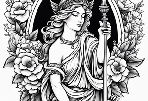 Sleeve with lady justice and flowers tattoo idea