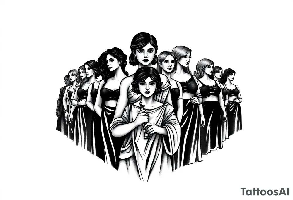 Generate a black and gray shaded image (for a diamond shaped medium forearm tattoo) of a legion of feminists, showing only their heads and shoulders. There is one figure in the front and many standing behind her, they are shadowy and vaguely featured. They do not have defined facial features. The figure in the front represents Clotho from Greek mythology and symbolizes my mother, holding a spool representing spinning the thread of life. This figure in the front has shorter, dark hair, is olive skinned and appears to be of Italian descent but facial features are still not well defined. The other figures' features get less defined the further from the front they are. All of the female figures are strong, but not comically voluptuous. They are of different racial and ethnic backgrounds, representing solidarity of women.

Add the inscription "We are our mother's savage daughters" tattoo idea