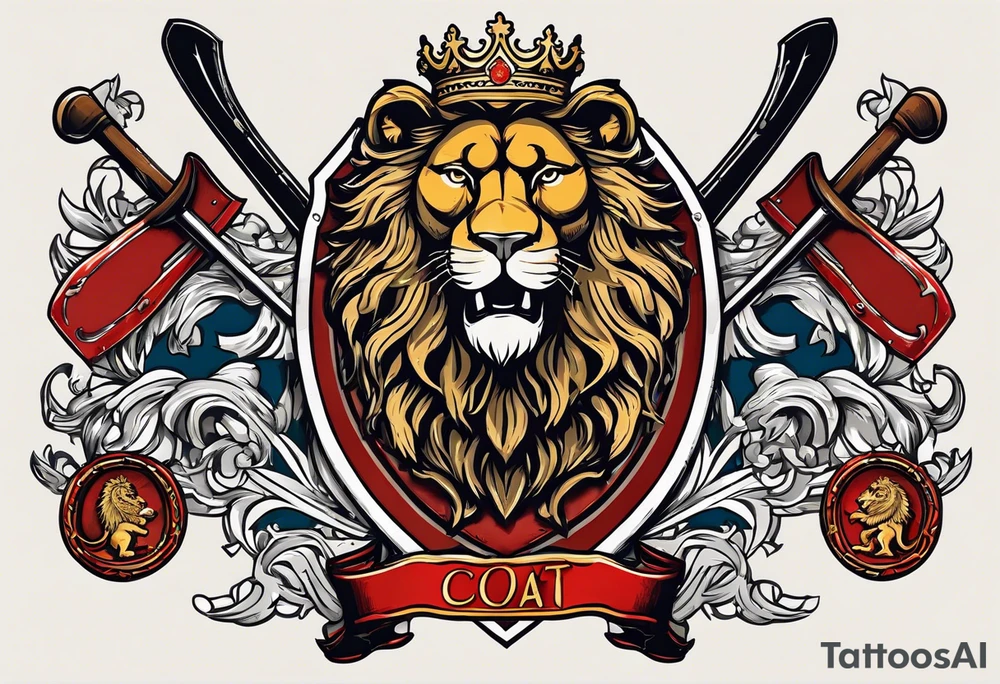 Swanson coat of arms on a shield with crossed skis behind the shield. there is a lion with a crown behind them both tattoo idea