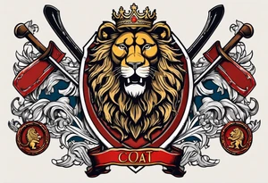 Swanson coat of arms on a shield with crossed skis behind the shield. there is a lion with a crown behind them both tattoo idea