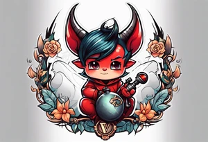 cute devil boy holding a time bomb tattoo idea