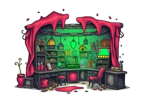 Tim Burton’s hobby shop is abandoned and dripping with muted reds, dusty pinks, and eerie green glow. tattoo idea tattoo idea