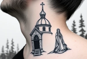 russian design traditional virgin mary stood beside the entrance of a russian orthodox dome church on the side of the neck in a wilderness setting with the design on the side of the neck tattoo idea