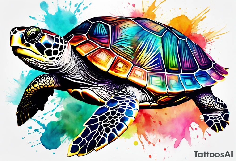 tropical psychedelic turtle, aerial view, from above, high perspective tattoo idea