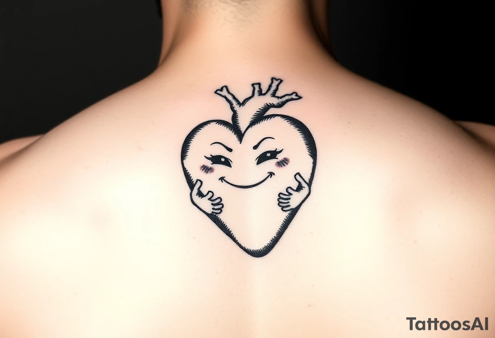 heart with a smirky face and human parts like hands and feet (stick figure like) the heart is jumping rope tattoo idea