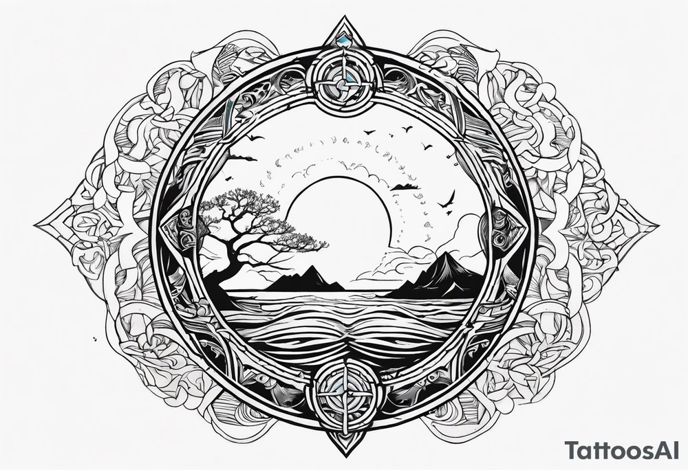 calm sea and Yggdrasill
 without frame tattoo idea