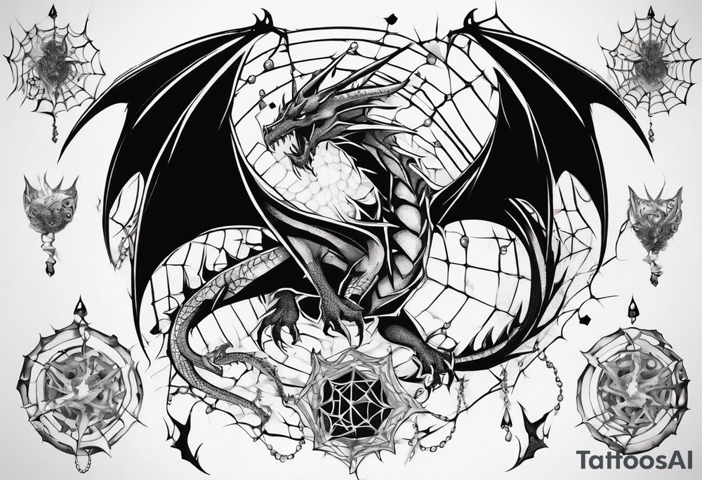 Dragon in a spiral spiderweb with jewels and shattered chalices and one spider tattoo idea