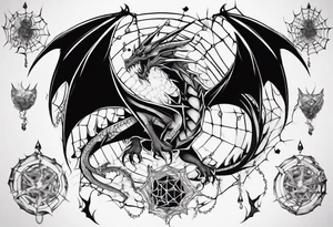 Dragon in a spiral spiderweb with jewels and shattered chalices and one spider tattoo idea