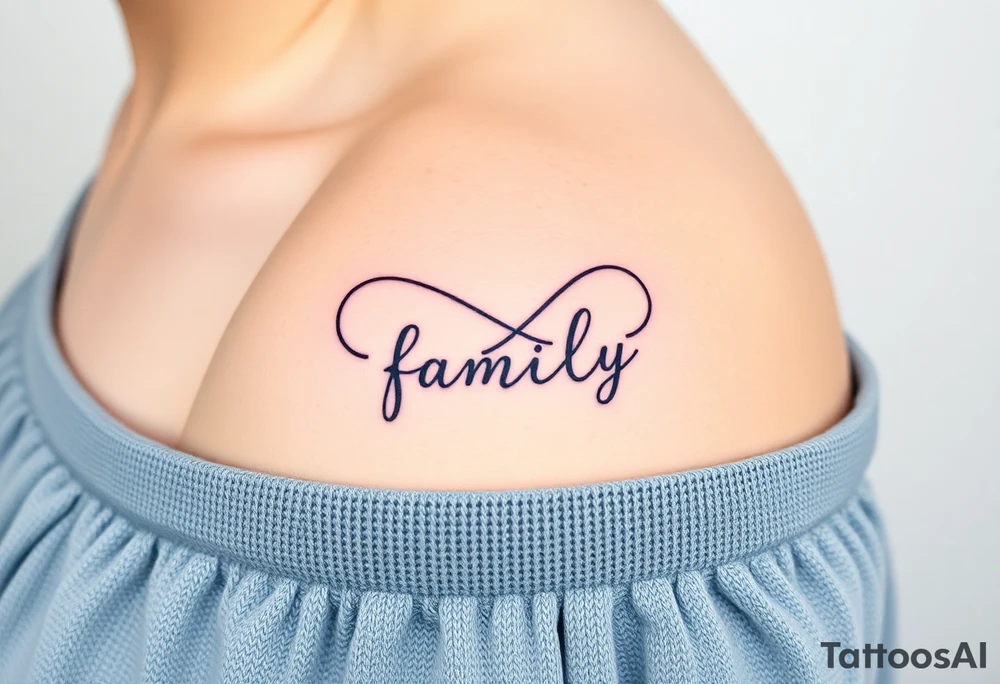 A flowing infinity symbol intertwined with the word "family" written in elegant cursive tattoo idea