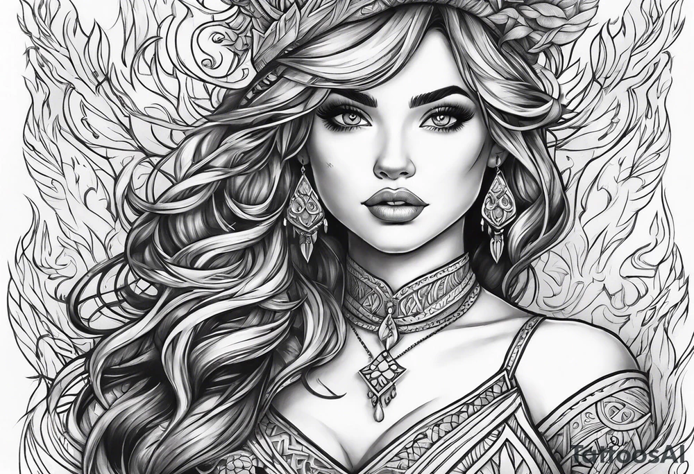create a fire girl face inspired by Disney movie elements black tattoo idea