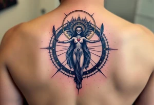 A blindfolded goddess standing in the center of a cosmic circle, with one hand holding a feather and the other a heart, symbolizing fairness in karma. tattoo idea