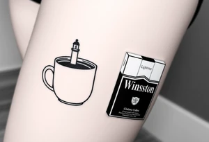 A mug of coffee
 with a lighthouse on it and a pack of Winston cigarettes laying next to it tattoo idea