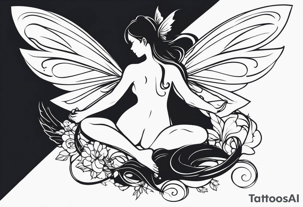 Minimalistic, monochromatic fairy with a tail flying to the left in a fetal position, leaning and looking in the same direction, with visible hands, embodying the 'Fairy Tail' logo aesthetic. tattoo idea