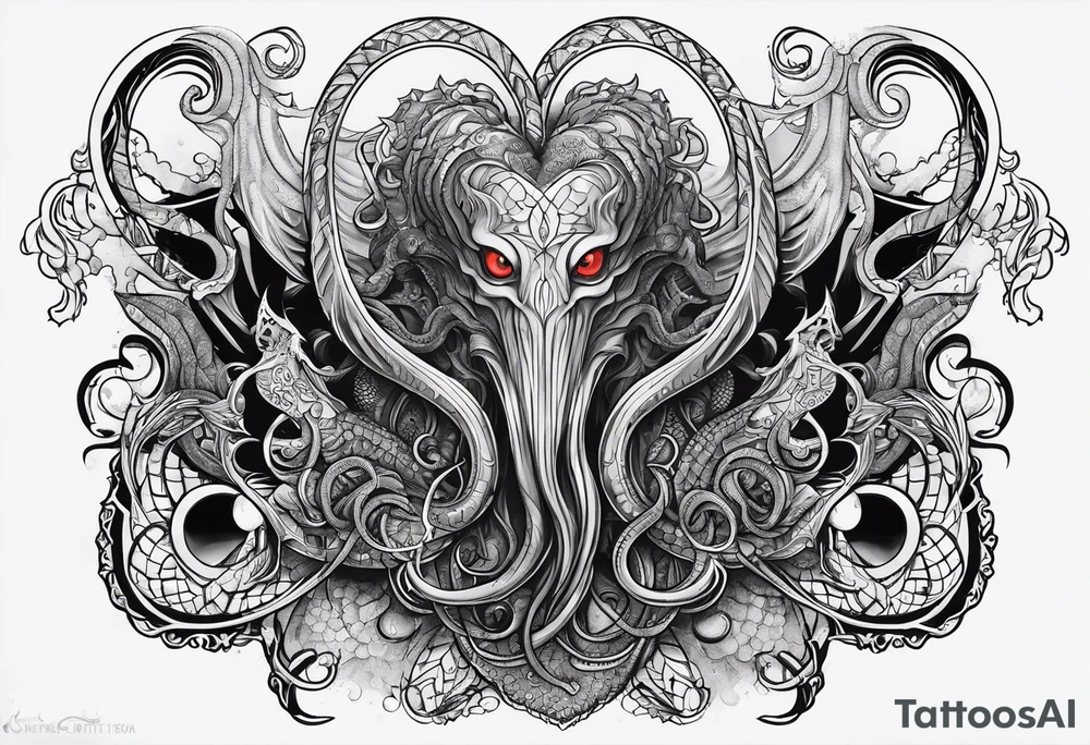 Long tattoo for arm. Lovecraftian creature, protecting a heart. Ctulhu. tattoo idea