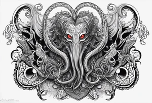 Long tattoo for arm. Lovecraftian creature, protecting a heart. Ctulhu. tattoo idea