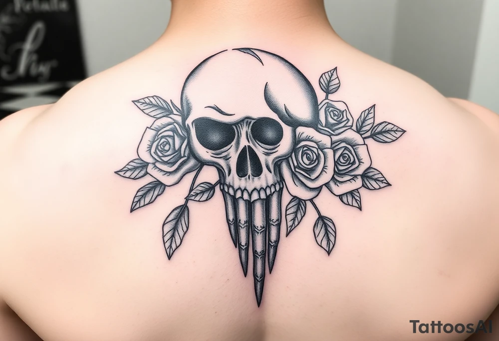 skull, hand roses tattoo idea