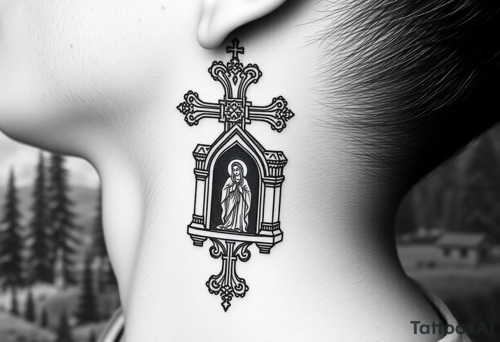 russian coat arms traditional christian orthodox cross with a virgin mary stood in the entrance of a russian orthodox dome church on the side of the neck in a wilderness setting tattoo idea