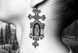russian coat arms traditional christian orthodox cross with a virgin mary stood in the entrance of a russian orthodox dome church on the side of the neck in a wilderness setting tattoo idea