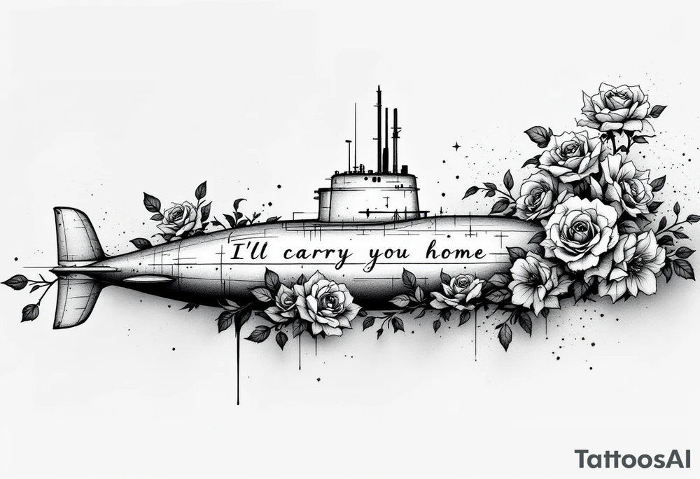 Submarine warfare surrounded by roses that says “I’ll carry you home” tattoo idea