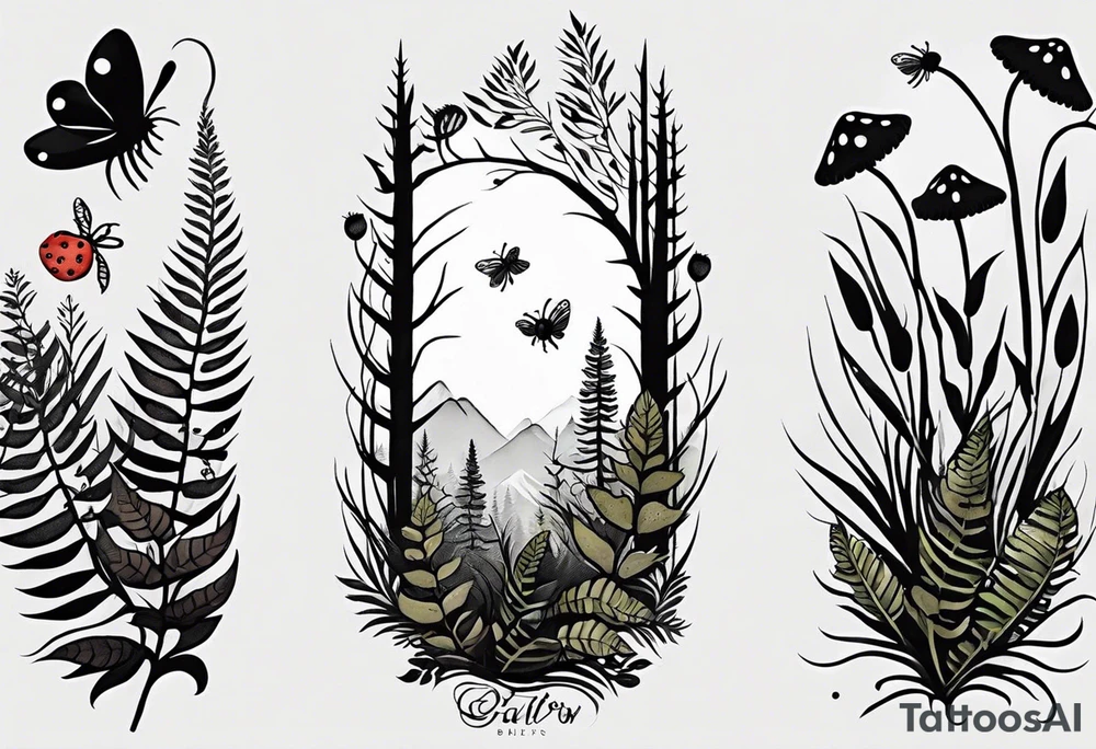 forest floor inspired minimalist tattoo, which includes grass, curly ferns and dead leaves as the bulk of the tattoo. details to include: three very tiny strawberries, a tiny bumblebee flying nearby, three small brown mushrooms tattoo idea