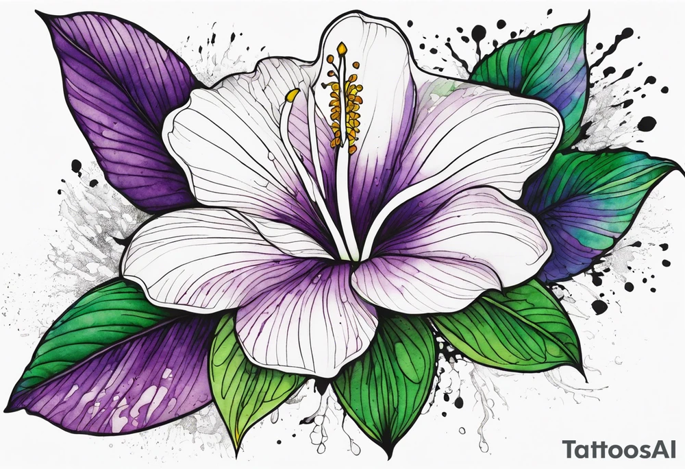 An outline of a rio dipladenia flower with a green and purple watercolor splash in the background tattoo idea