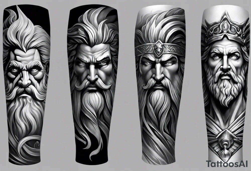 Full left arm tattoo sleeve with the Greek gods, Zeus, Poseidon and Hades. Zeus face is at the left shoulder, Poseidon face is at the left upper arm and Hades face is at the left forearm. tattoo idea