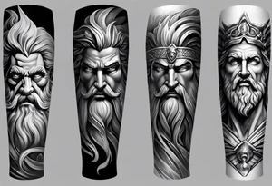 Full left arm tattoo sleeve with the Greek gods, Zeus, Poseidon and Hades. Zeus face is at the left shoulder, Poseidon face is at the left upper arm and Hades face is at the left forearm. tattoo idea