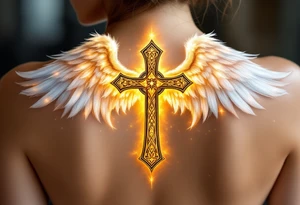 A majestic Celtic cross with angel wings unfolding behind it, glowing with golden light and white feathers. tattoo idea