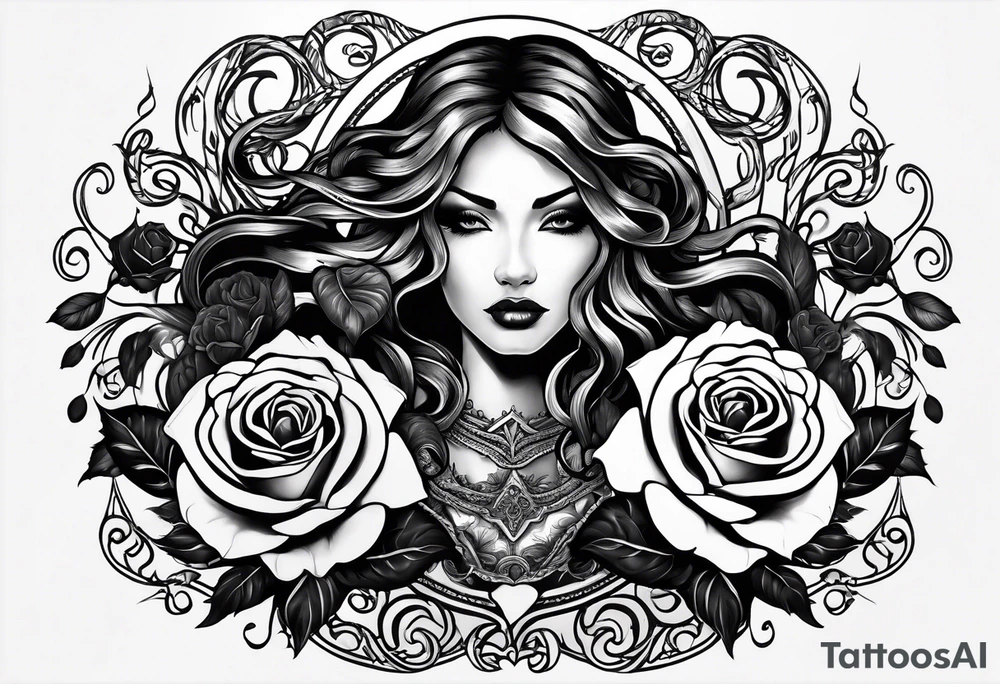 Medusa black roses, her story, just her head, rare, unique Mystic, mythical snakes, scales black shadow Beauty tattoo idea
