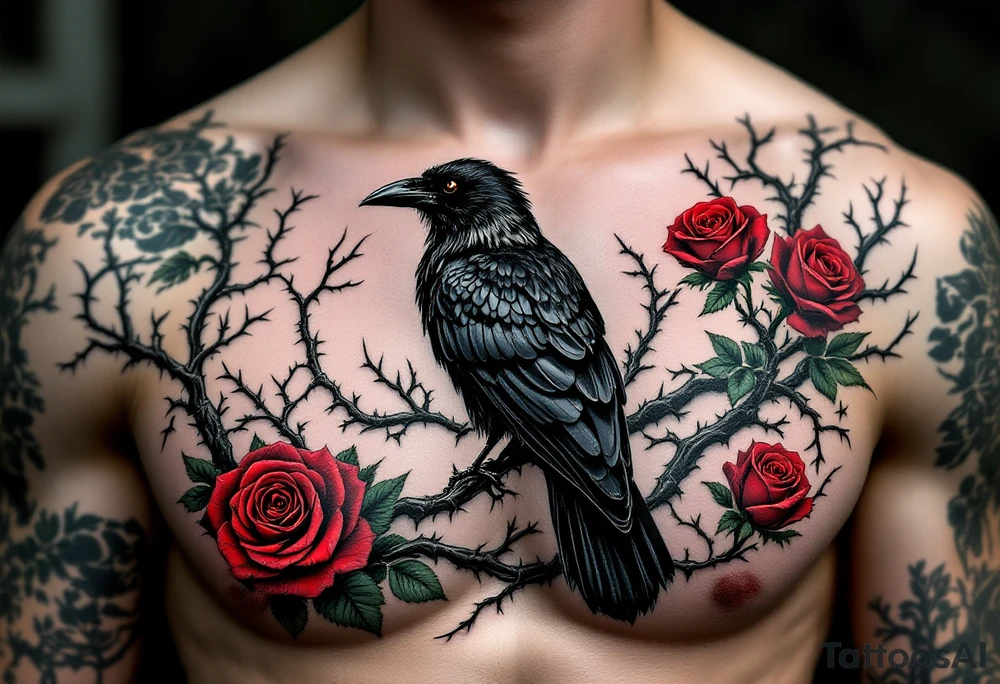 Crow in Thorn Bush – A perched crow surrounded by twisted black thorns and blood-red roses. Gothic realism with rich red and deep green accents. tattoo idea