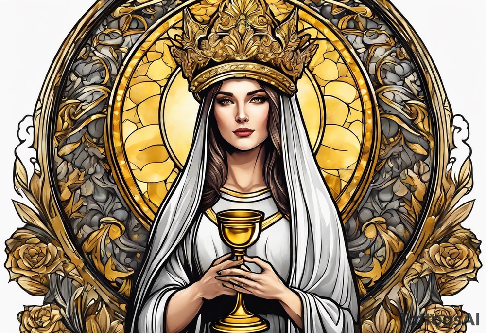 holy saint woman with golden halo holding a chalice tattoo idea