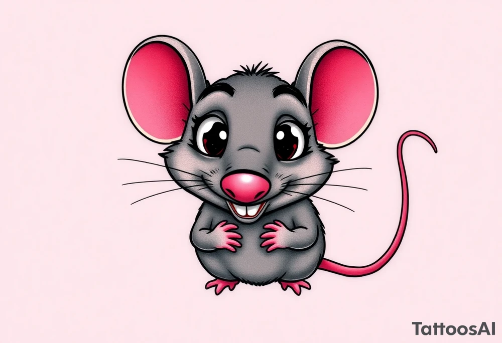 The image shows a cartoon rat with a long pointed nose, huge bulging eyes, and a cheeky, mischievous smile. The rat is grey with big pink ears and a thin pink tail visible on the right. Its little hands are held up close to its chest in a playful, sneaky pose. The expression makes the rat look funny, surprised, and a bit sly at the same time.

I want all his body..bigger nose, eyes poped out from the head + foots tattoo idea