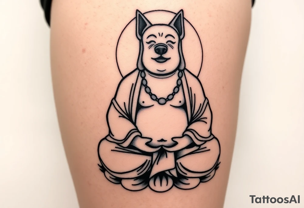Meditating fat Buddha with happy dog head tattoo idea