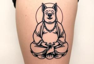 Meditating fat Buddha with happy dog head tattoo idea