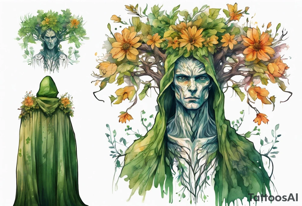 A tall, beautiful 19 year old tree-man hybrid with leafy hair and a cloak made of flowers. tattoo idea