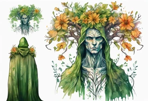A tall, beautiful 19 year old tree-man hybrid with leafy hair and a cloak made of flowers. tattoo idea