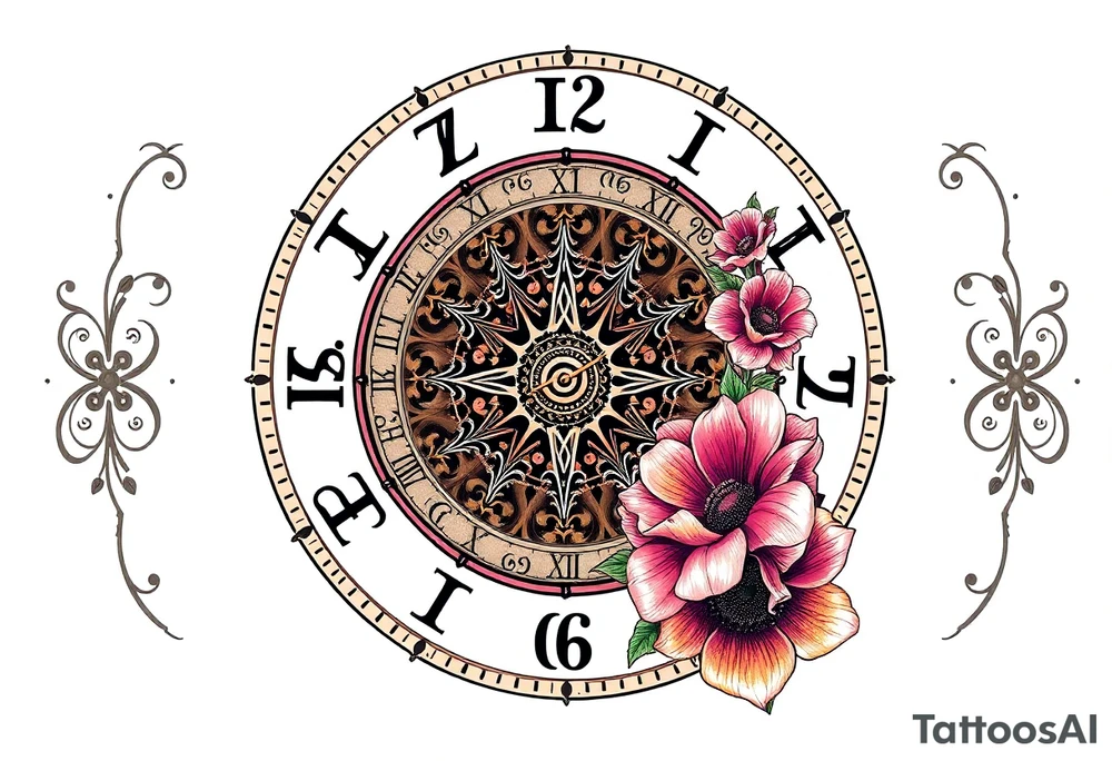 zodiac symbols and Norse runes within ornate clockwork mechanism with roses lilly sunflowers tattoo idea