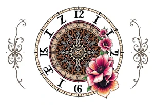 zodiac symbols and Norse runes within ornate clockwork mechanism with roses lilly sunflowers tattoo idea