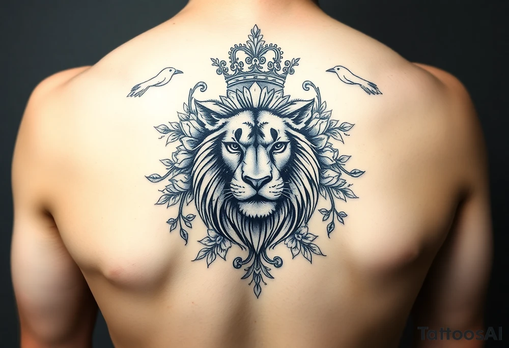 powerful majestic lion with a crown, surrounded by floral ornaments and birds tattoo idea