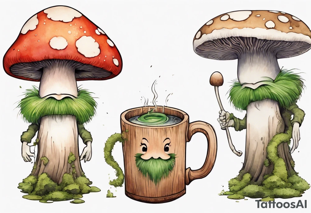 a mushroom with a face and a moss beard and arms and legs drinking from a wood mug, laughing tattoo idea