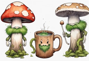 a mushroom with a face and a moss beard and arms and legs drinking from a wood mug, laughing tattoo idea
