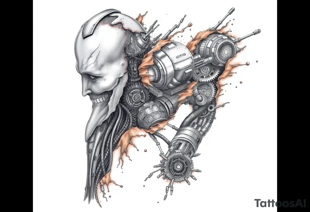 A full sleeve tattoo design The design features a melted skin effect, revealing detailed robotic parts and mechanical components underneath. The melted skin appears torn and organic, seamlessly transitioning to intricate gears, wires, and futuristic machinery beneath, creating a striking fusion of human and robotic elements. tattoo idea