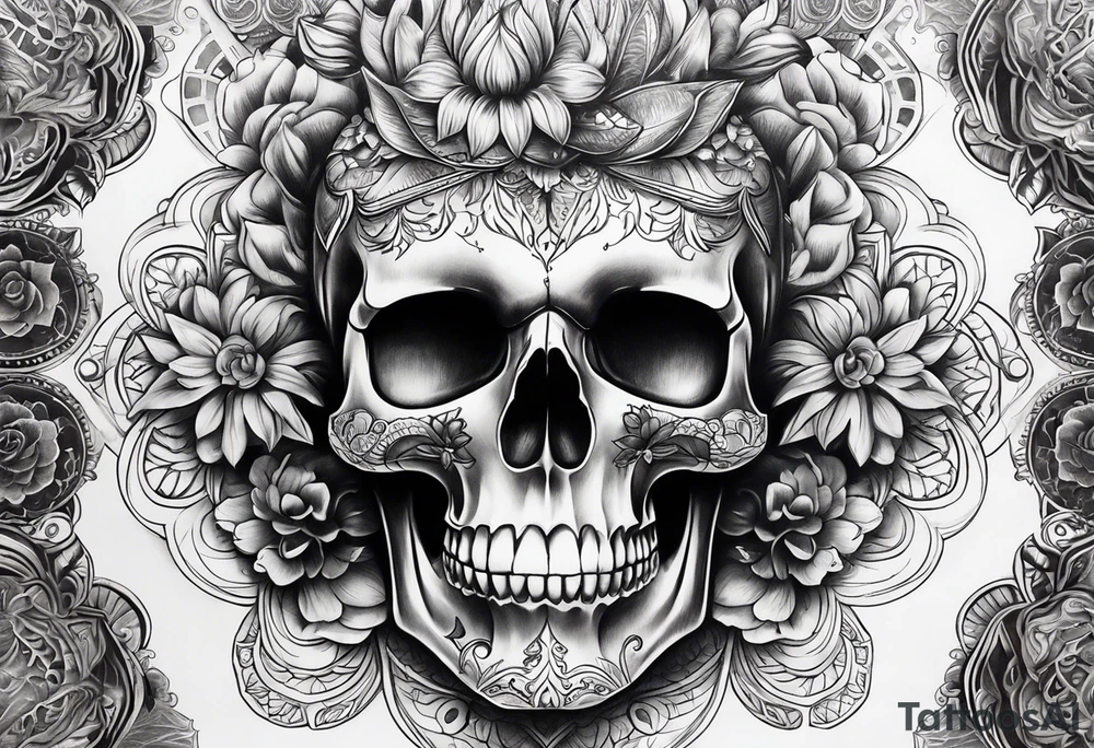 Draw me a realistic skull with black smoke out of his mouth add some flowers underneath with some mandalas at the bottom tattoo idea