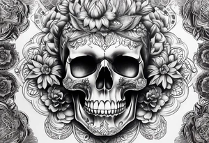 Draw me a realistic skull with black smoke out of his mouth add some flowers underneath with some mandalas at the bottom tattoo idea